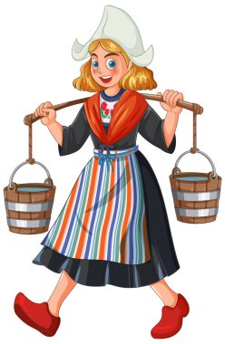 Çizgili elbiseli gülümseyen Hollandalı kız, tahta ayakkabılar, kova taşıyan, renkli vektör çizgi film tarzı.