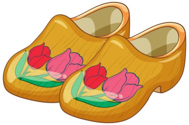 Kırmızı ve pembe lalelerle süslenmiş ahşap takunyaların vektör çizimi, parlak renkler, temiz çizgiler