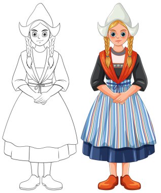 Hollandalı halk elbisesi içindeki genç kız, yan yana renkli ve ana hatlı vektör çizimi, ön görüş