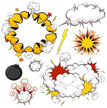 Çizgi roman patlamaları, duman bulutları, bombalar ve dinamik ışık çizgilerinin cesur sanat vektörü.