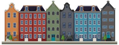 Renkli Hollanda kanal evleri sırası, düz vektör çizimi, simetrik kompozisyon, temiz çizgiler