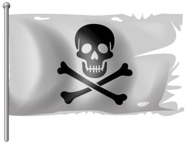 Kafatası ve çapraz kemikli vektör korsan bayrağı, gri pullu renk, dalgalı kumaş, yırtık kenarlar, metal direk