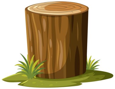 Çimlerle, parlak renklerle, düz vektör tarzıyla çevrili, görünür halkaları olan çizgi ağaç kütüğü.