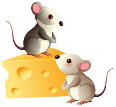 İki büyük kulaklı şirin fare peynir kamasının yanında oturuyor, parlak vektör çizim stili.