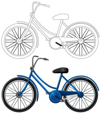 Mavili klasik Hollanda bisikleti, hem renkli hem de siyah ana hatlı çizim stillerinde gösteriliyor