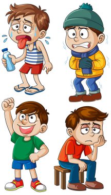 Ateşli, soğuk, mutlu ve sıkılmış duyguları ifade eden dört çizgi film çocuğunun vektör çizimi.