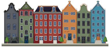Süslü cepheli geleneksel Hollanda kanal evleri, düz vektör stili, canlı renkler