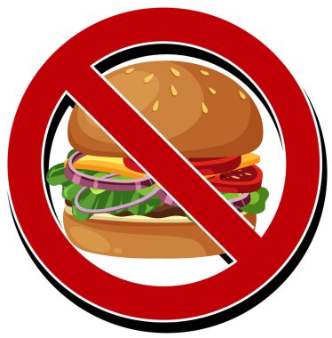 Kırmızı yasak işareti içinde hamburgerin cesur vektörü, fast food yasağını ya da kısıtlamaları simgeliyor..
