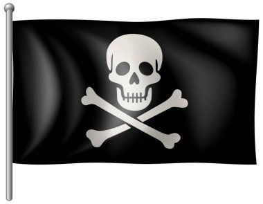 Beyaz kafatası ve çapraz kemikli siyah korsan bayrağı, vektör illüstrasyonu, gerçekçi gölgeleme, izole arkaplan