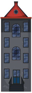 Klasik bir Hollanda konağının vektör çizimi, karanlık cephe, kırmızı çatı, simetrik pencereler, düz perspektif