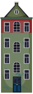 Klasik bir Hollanda konağının düz vektör çizimi, sessiz renkler, simetrik pencereler, ön manzara