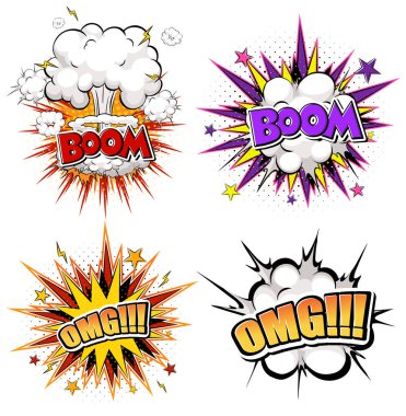 Cesur metin, dinamik çizgiler, yarım ton noktalar ve yıldız aksanıyla renkli mizah tarzı patlamalar