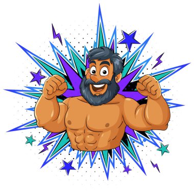 Gülümseyen, sakallı, kaslı bir adam. Mavi ve mor yıldız patlaması ile canlı, komik bir şekilde kollarını esnetiyor..