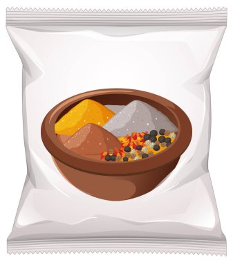 Atıştırmalık paketin ve renkli tozlarla dolu baharat kâsesinin gerçekçi vektörü, beyaz üzerine temiz izole edilmiş..