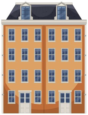 Klasik Hollanda konağının düz vektör çizimi, simetrik cephe, turuncu duvarlar, mavi yatakhane pencereleri