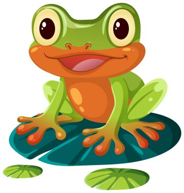 Büyük gözlü parlak vektör karikatür kurbağası canlı bir renk paletinde oturuyor.