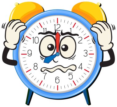 Endişeli alarmlı saat karakterinin oyuncu vektör karikatürü. Çanlar, kalın çizgiler, parlak renkler..