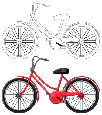 Siyah dış hatlı ve canlı kırmızı renk vektör stillerinde klasik kruvazör bisiklet çizimi