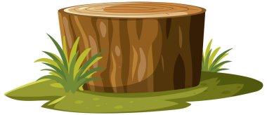 Çimenli zeminde çizgi film tarzı ağaç kütüğü, yeşil yapraklarla çevrili, parlak düz renkler