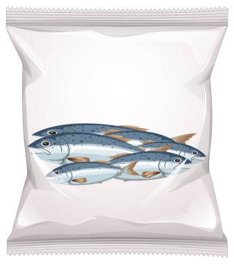 Şeffaf abur cubur torbası, gerçekçi balık çizimi, temiz vektör stili, tazeliğin vurgulanması ve temiz ambalaj.