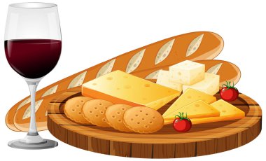 Tahtadaki şarap, çeşitli peynirler, ekmek, kraker ve domateslerin vektör çizimi