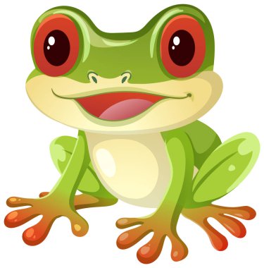 Canlı renkleri ve pürüzsüz gölgesi olan mutlu kırmızı gözlü ağaç kurbağasının parlak vektör çizimi