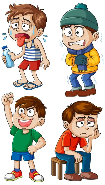 Ateşli, soğuk, mutlu ve sıkılmış duyguları ifade eden dört çizgi film çocuğunun vektör çizimi.