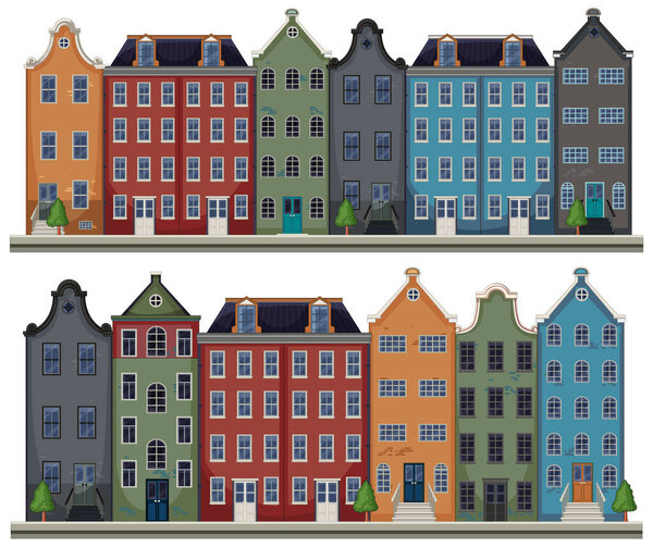 Векторная иллюстрация ярких европейских таунхаусов, симметричная композиция, плоский стиль, яркая цветовая палитра