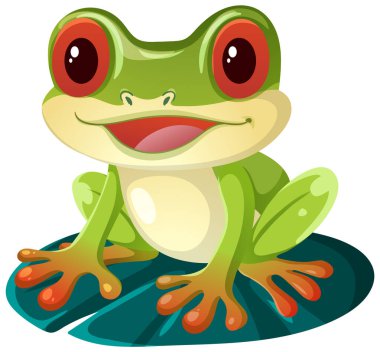 Bright vector illustration of a happy tree frog on a lily pad, bold clean lines.