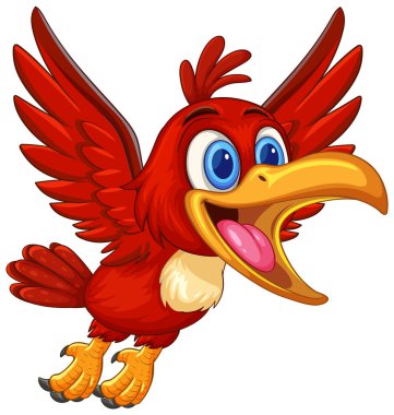 Bright red cartoon bird with big blue eyes, open beak, and dynamic flying pose