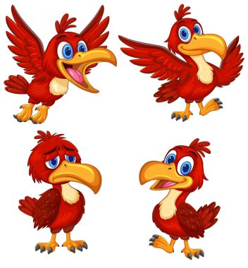 Vector illustration of red cartoon bird showing happy, sad, excited, and thoughtful expressions, isolated background