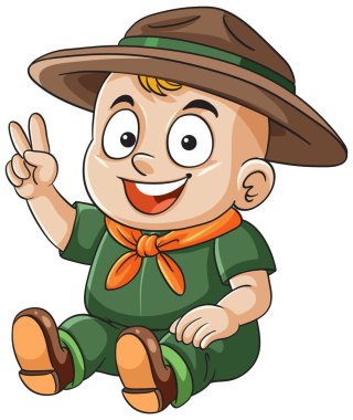 Cartoon baby in scout uniform, cross-legged, smiling, showing peace sign. Bright vector illustration.