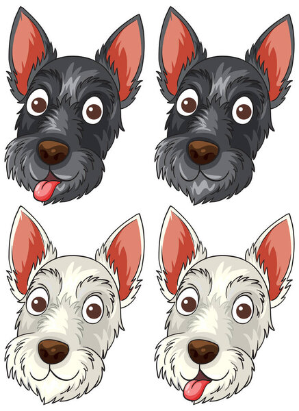 Four cartoon Scottish Terrier faces, black and white, with playful expressions and detailed fur textures.