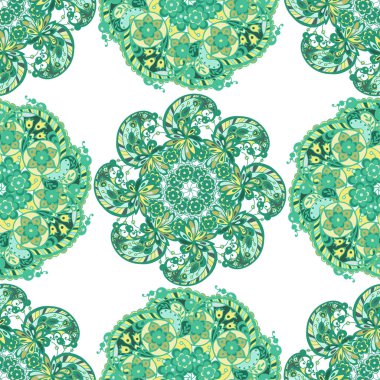 Grafik vektör tasarımı deniz ve yeşil renklerde daire desen elemanları ile Seamless süs modeli