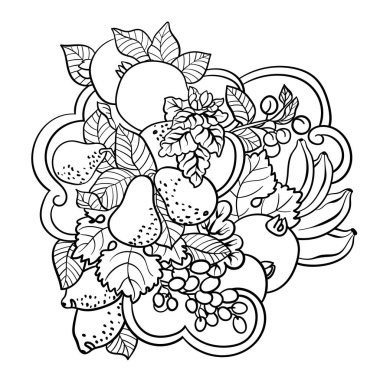 Çocuk ve yetişkin insanlar vektör süsleme stil öğeleri bir sürü yapılan meyve ve soyut dalgalar ile boyama