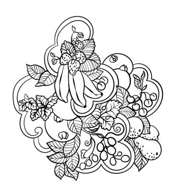 Çocuk ve yetişkin insanlar vektör süsleme stil öğeleri bir sürü yapılan meyve ve soyut dalgalar ile boyama