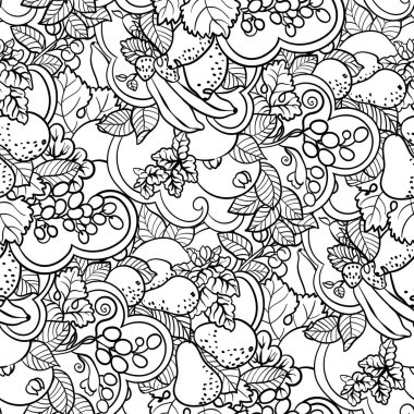 Vektör grafik illustation sayfa kitap stili soyut bukleler ile boyama, meyve süsleme ile Seamless modeli