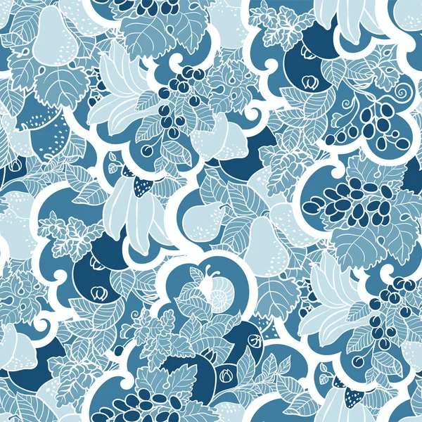 抽象的なカール 果物や果実の青い色とのシームレスなパターン カタツムリとミントもあります ベクトルが設計図 — ストックベクタ