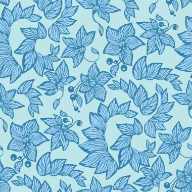 Vektör grafiği çiçek, boncuk ve grafik tasarım yaprakları ile Seamless modeli mavi renklerini
