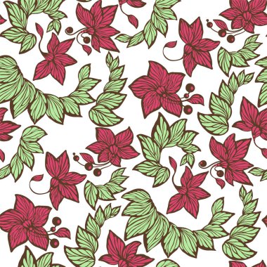 Sorunsuz çiçek desenli witn çiçekler, yapraklar ve boncuklar parlak yeşil ve kırmızı renkler vektör grafik tasarım