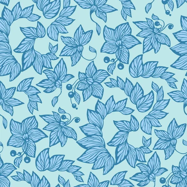 Seamless Mönster Blå Färger Vektorgrafik Med Blommor Pärlor Och Löv — Stock vektor