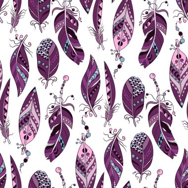 Samless desen vektör süsleme beades ve çizgili içinde renkli mor ve pembe dikey feathes ile