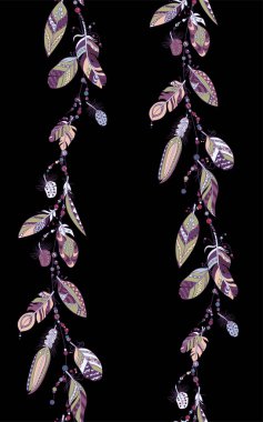 Vertica mor Dikişsiz renkli dekoratif desen bir iple tüy ve vektör grafiği kabile tarzı boncuklar ile