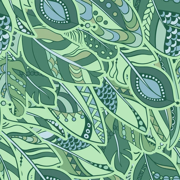Абстрактный Орнамент Перо Бесшовный Узор Племенном Стиле Морскими Зелеными Цветами — стоковый вектор