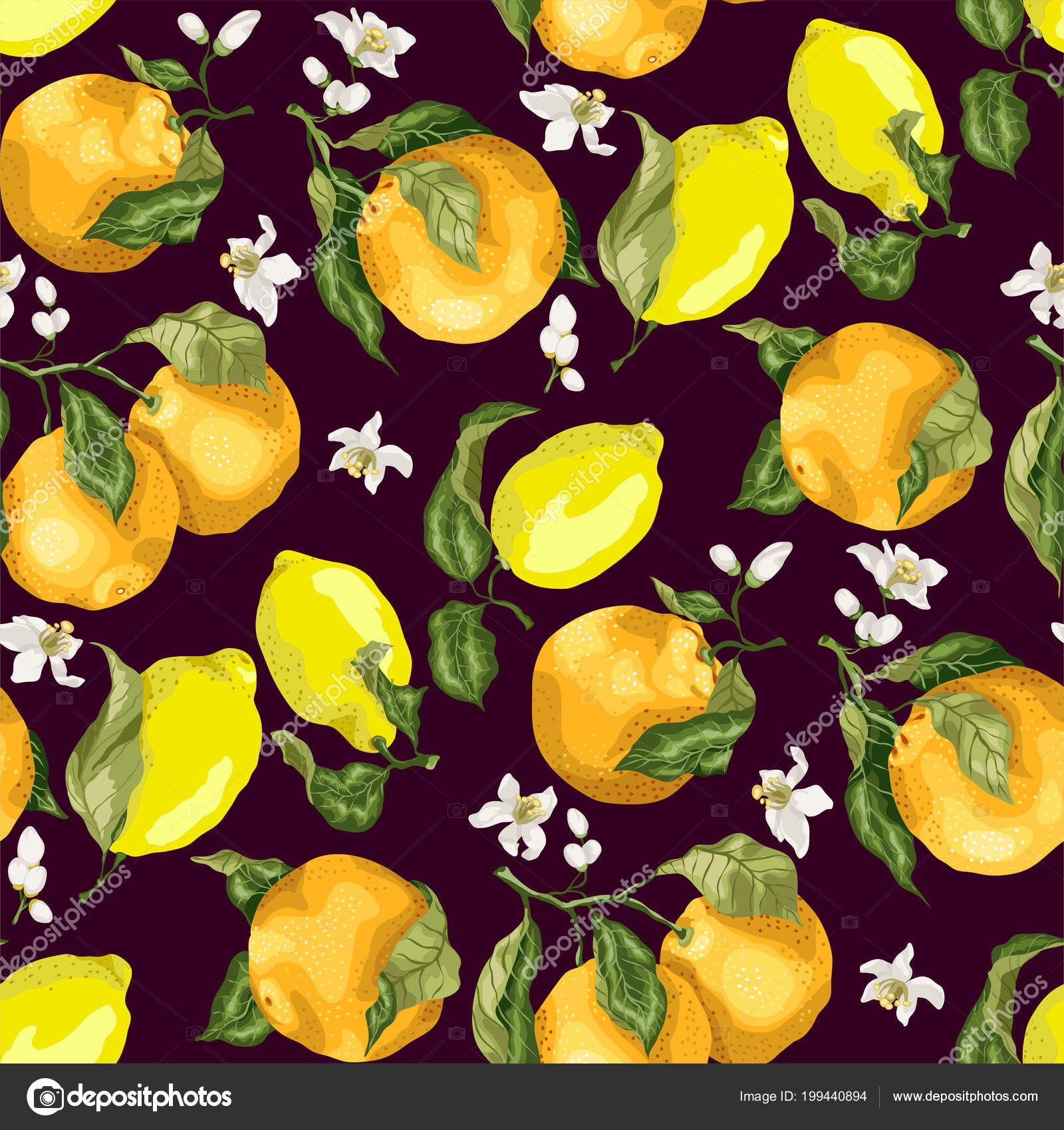 Blooming Oranges Lemons Seamles Pattern Realistic Vector Graphic Illustration Branches Stock Vector C Yuliafht
