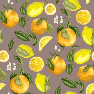 Sulu Narenciye çiçek açan portakal ve dalları üzerinde sulu limon ile sorunsuz bir düzende gerçekçi grafik vektör çizim yaprak ile 