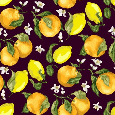 Çiçek açan portakal ve limon yaprakları ile dalları üzerinde gerçekçi vektör grafik illüstrasyon seamles desen