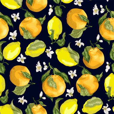 Sulu Narenciye çiçek açan portakal ve dalları üzerinde sulu limon ile sorunsuz bir düzende gerçekçi grafik vektör çizim yaprak ile 