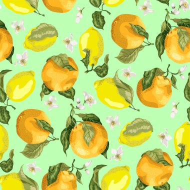 Sulu Narenciye çiçek açan portakal ve dalları üzerinde sulu limon ile sorunsuz bir düzende gerçekçi grafik vektör çizim parlak renklerde yaprakları ile