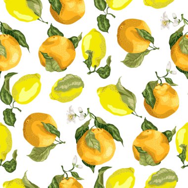 Sulu Narenciye çiçek açan portakal ve dalları üzerinde sulu limon ile sorunsuz bir düzende gerçekçi grafik vektör çizim parlak renklerde yaprakları ile